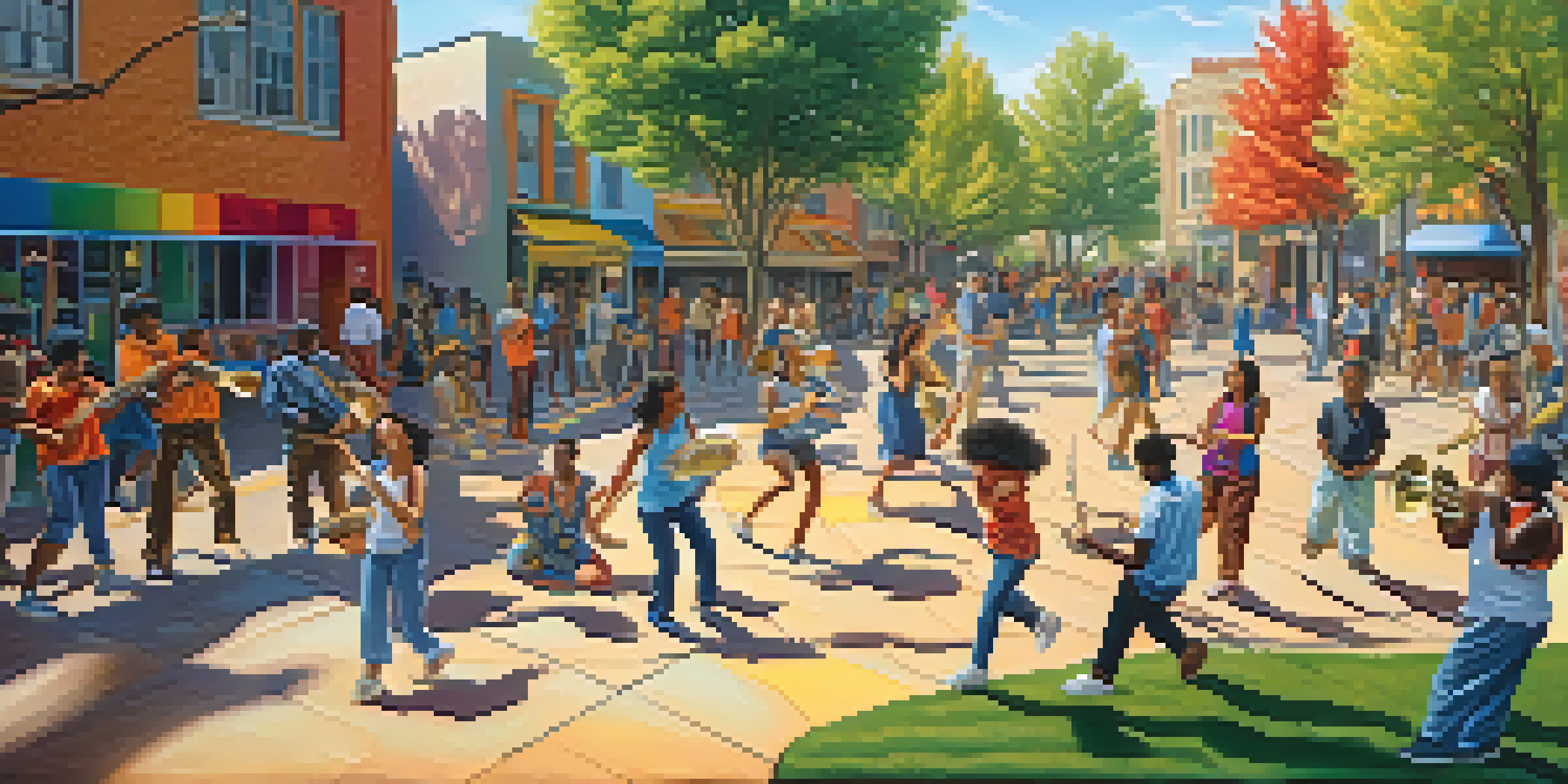A vibrant mural showing a diverse community engaged in artistic activities, surrounded by trees and sunlight.
