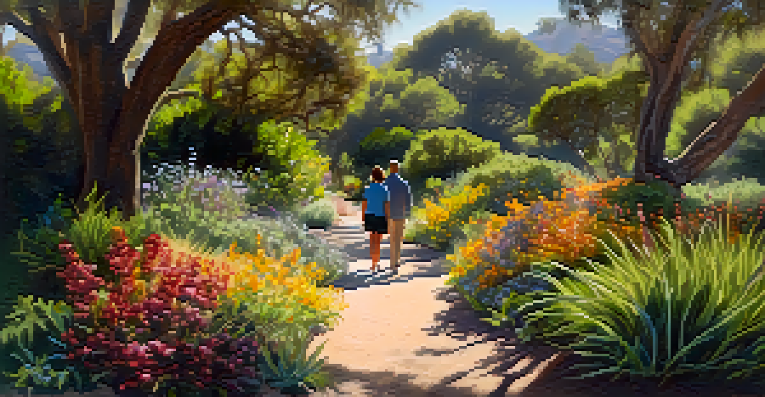 A couple walking through the Santa Barbara Botanic Garden, surrounded by native plants and sunlight.