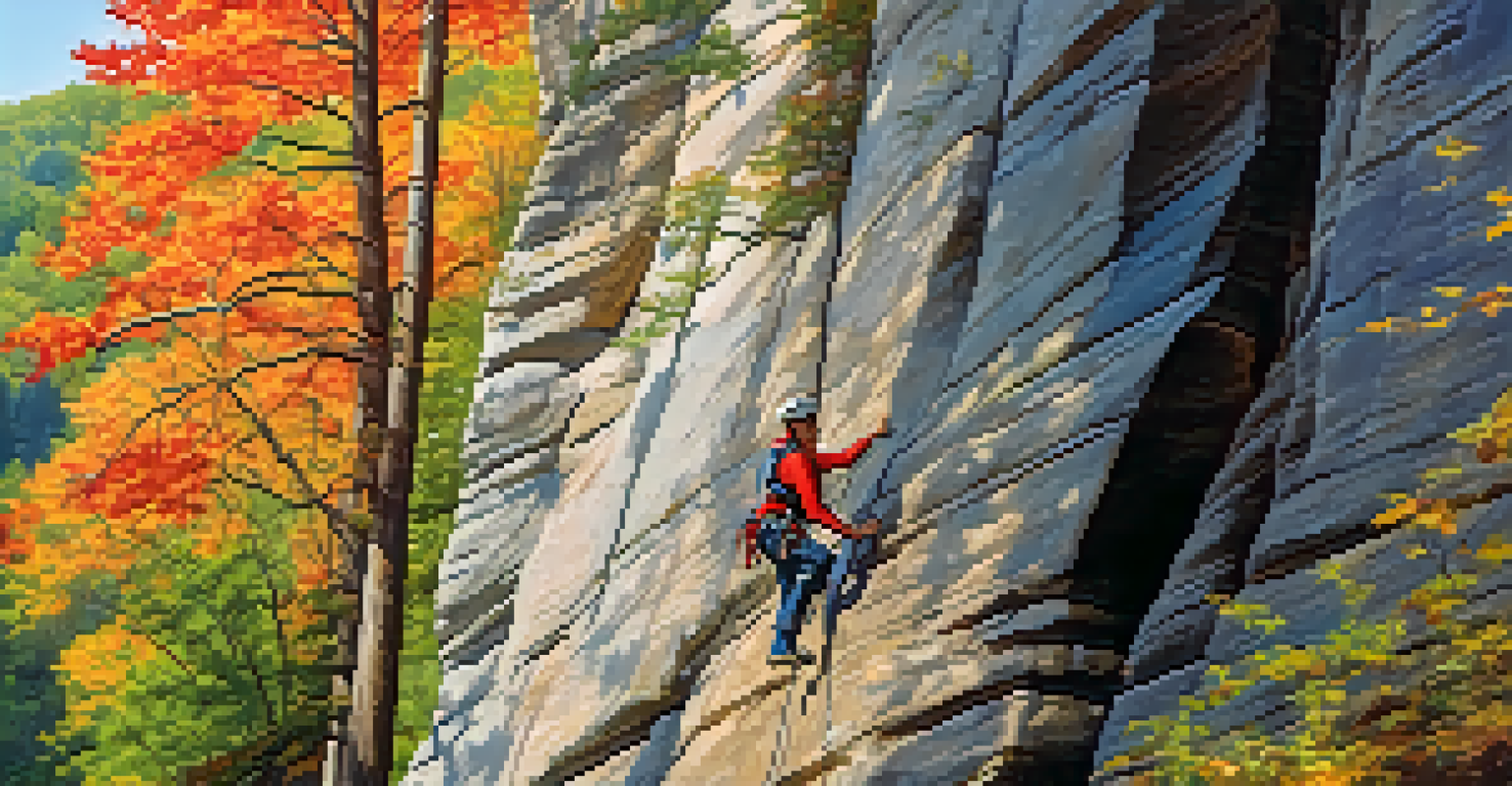 A climber on a sandstone cliff in Red River Gorge surrounded by colorful fall foliage.