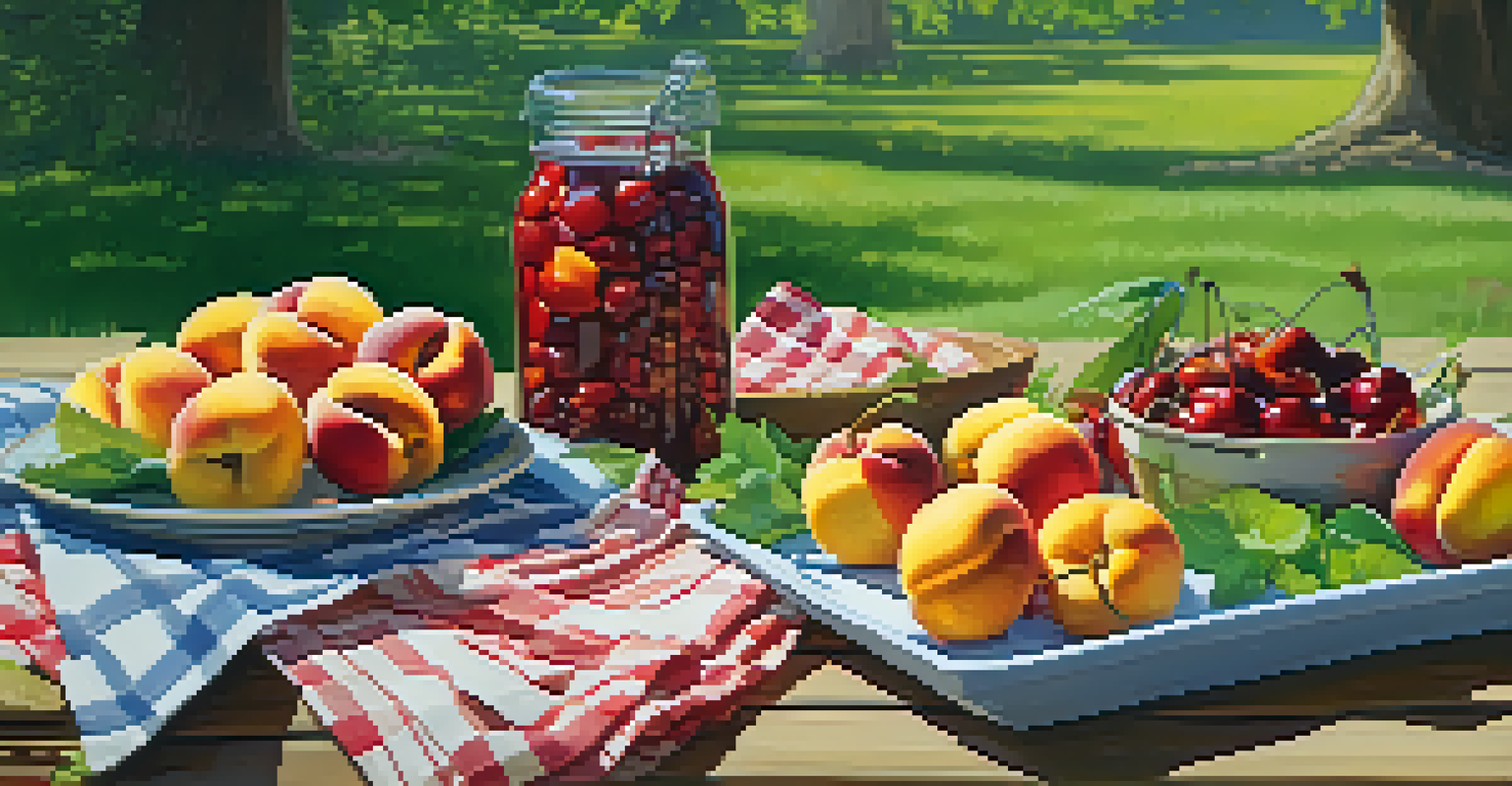 A picturesque picnic table with sliced fruits and a fresh salad surrounded by greenery in a sunny park.