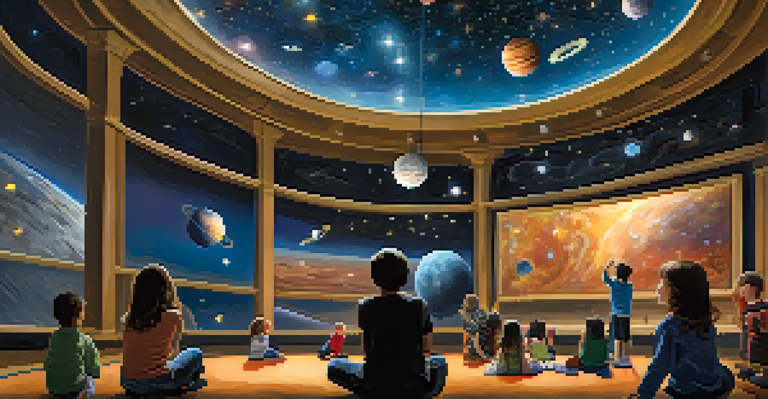 Families seated inside a planetarium, watching a cosmic show with illuminated stars and planets on the ceiling.