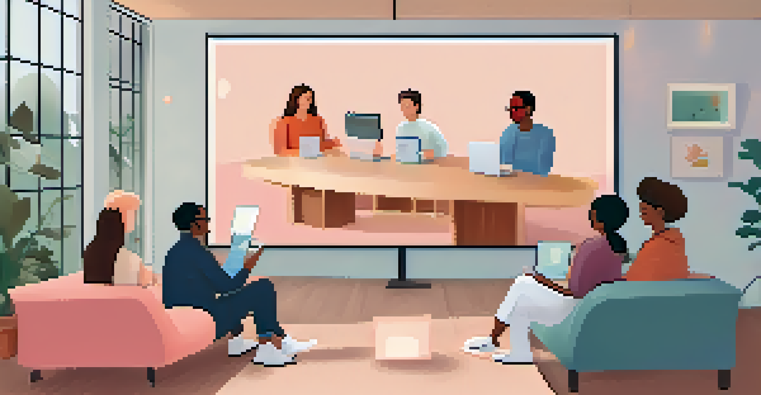 An illustrated virtual space with diverse avatars engaging in a respectful online debate, highlighted by calming colors.