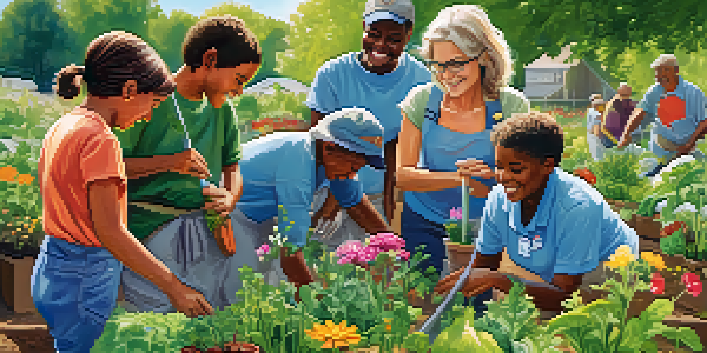 A diverse group of volunteers planting in a community garden, surrounded by colorful flowers and greenery under a blue sky.