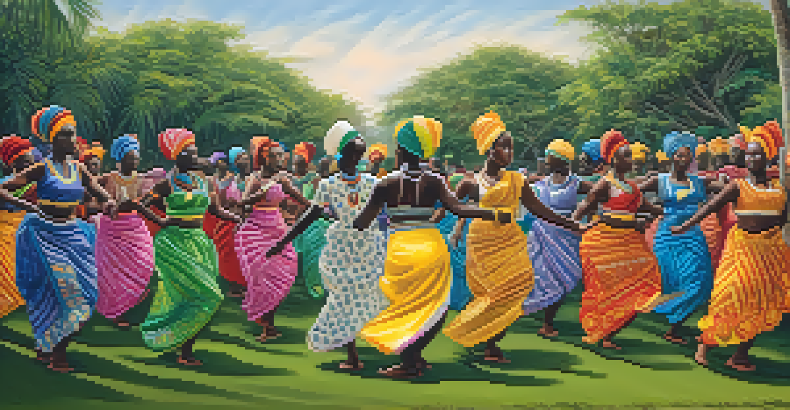 Traditional Ghanaian dance performance with dancers in colorful costumes set outdoors surrounded by greenery.