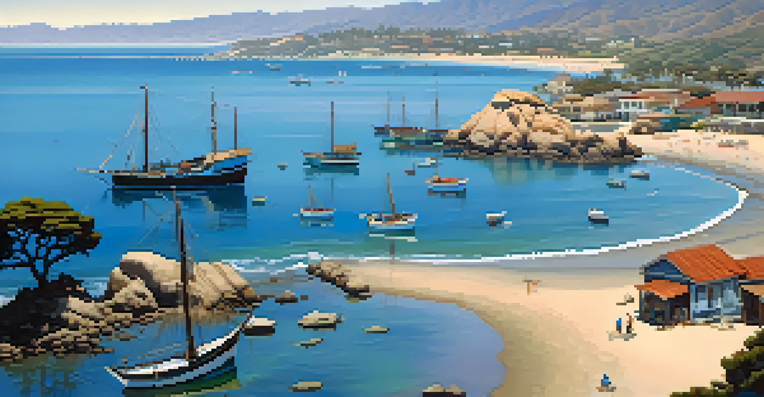 An aerial view of Santa Barbara's coastline with Chumash fishing boats on the water, illustrating the connection between land and ocean.
