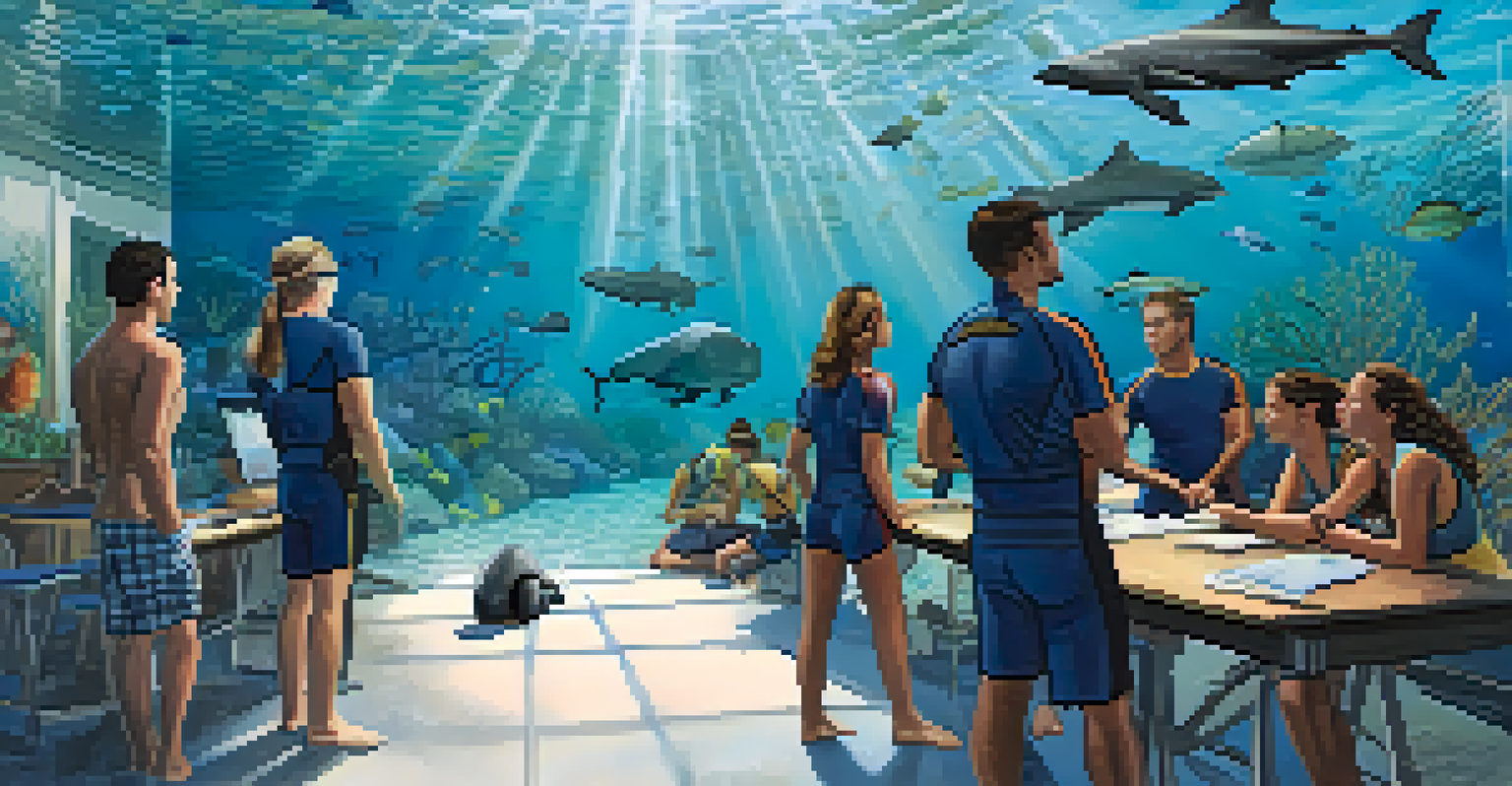 A workshop scene with marine biologists teaching divers about marine conservation.