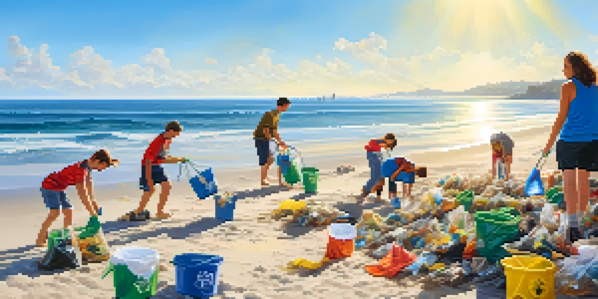 A group of diverse volunteers cleaning up a sunny beach, with colorful bags filled with trash and waves in the background.