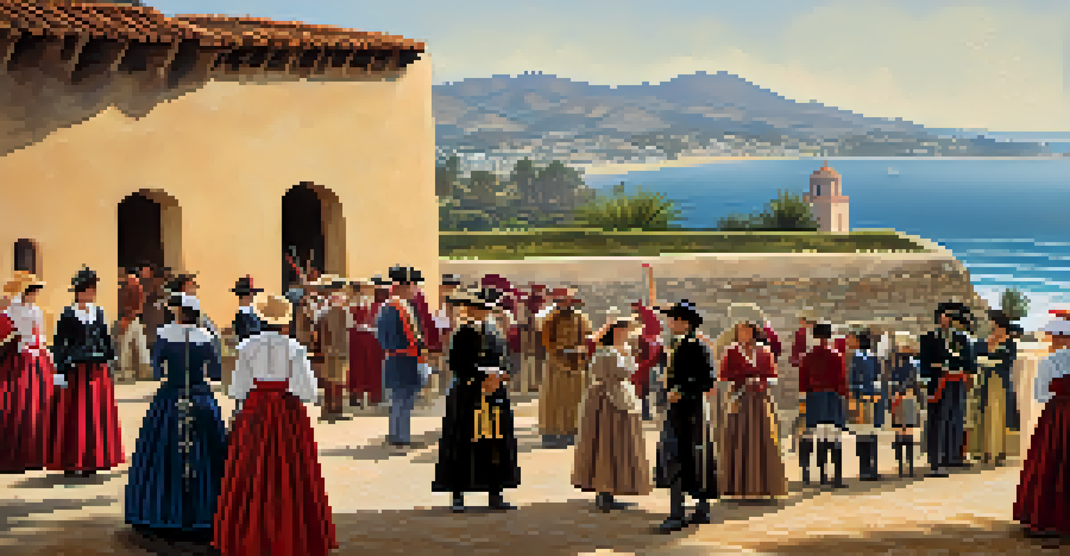 Costumed reenactors demonstrating daily life at El Presidio de Santa Barbara with the historic fort and ocean in the background.