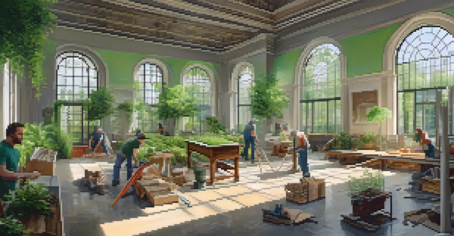 Workers renovating a historic building with sustainable practices, surrounded by tools and greenery, highlighting eco-friendliness.