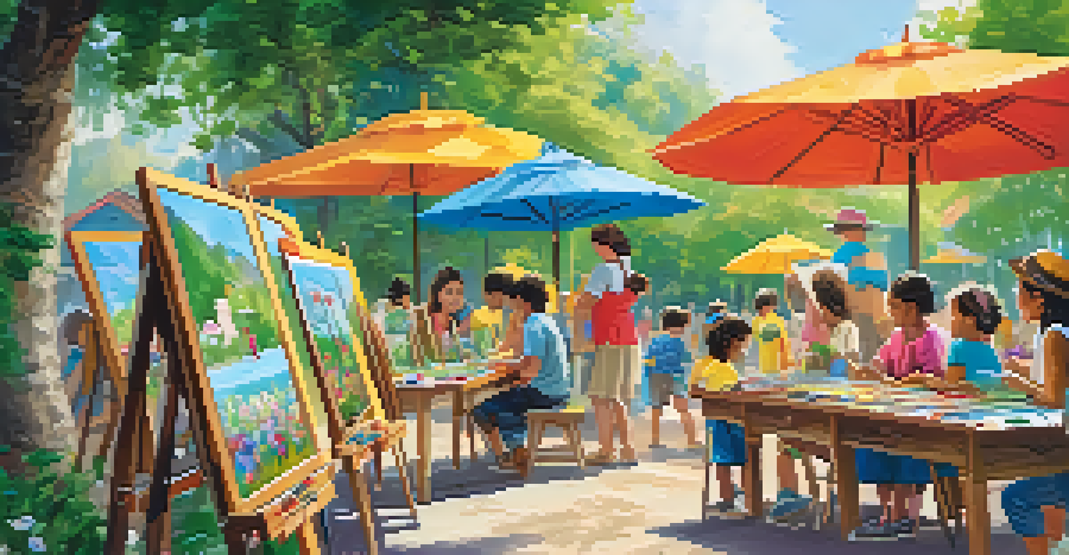 Families engaging in an outdoor art workshop with children painting on easels under colorful umbrellas.