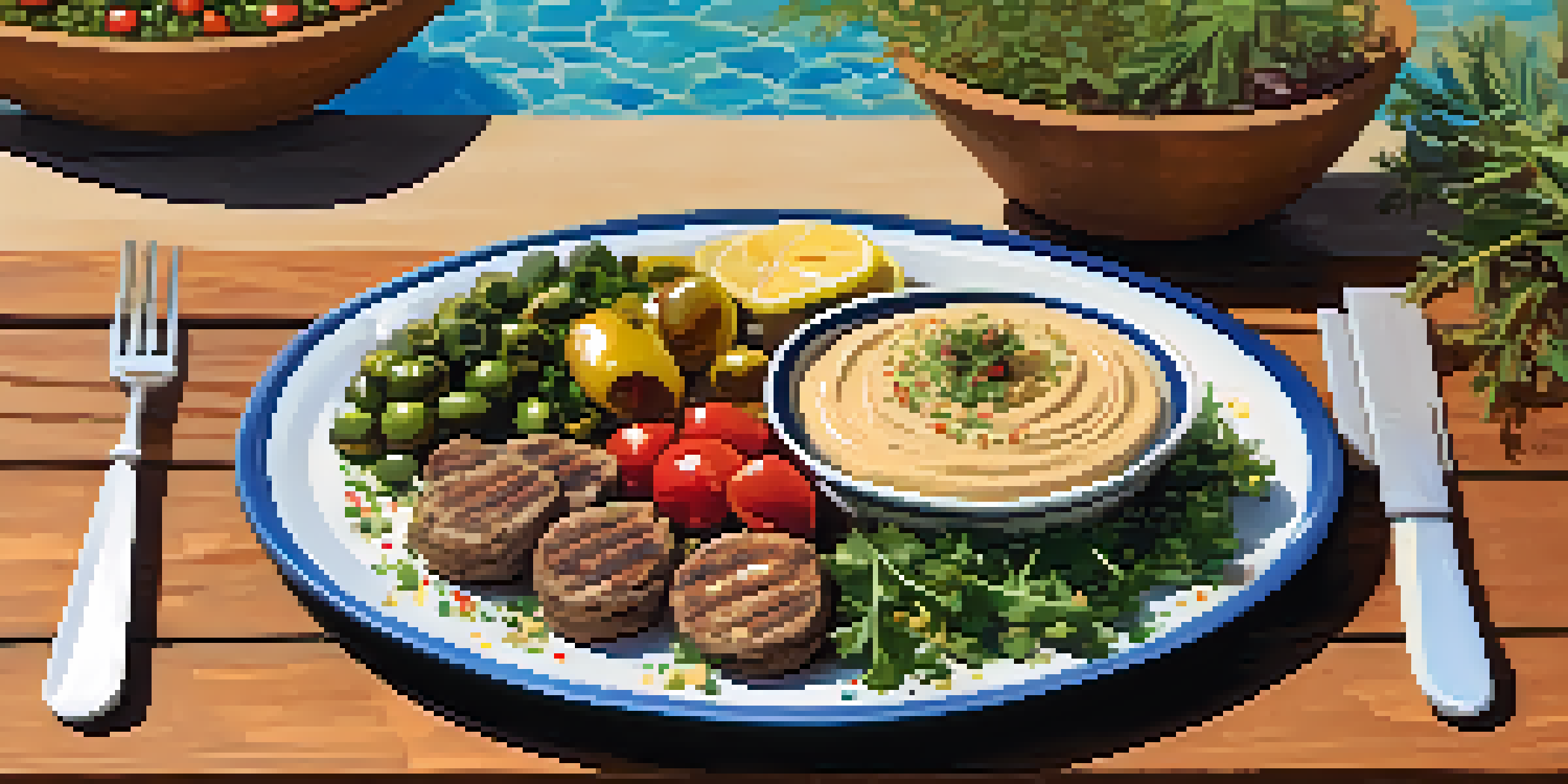 A Mediterranean mezze platter with hummus, tabbouleh, and kebabs set on a wooden table under natural sunlight.