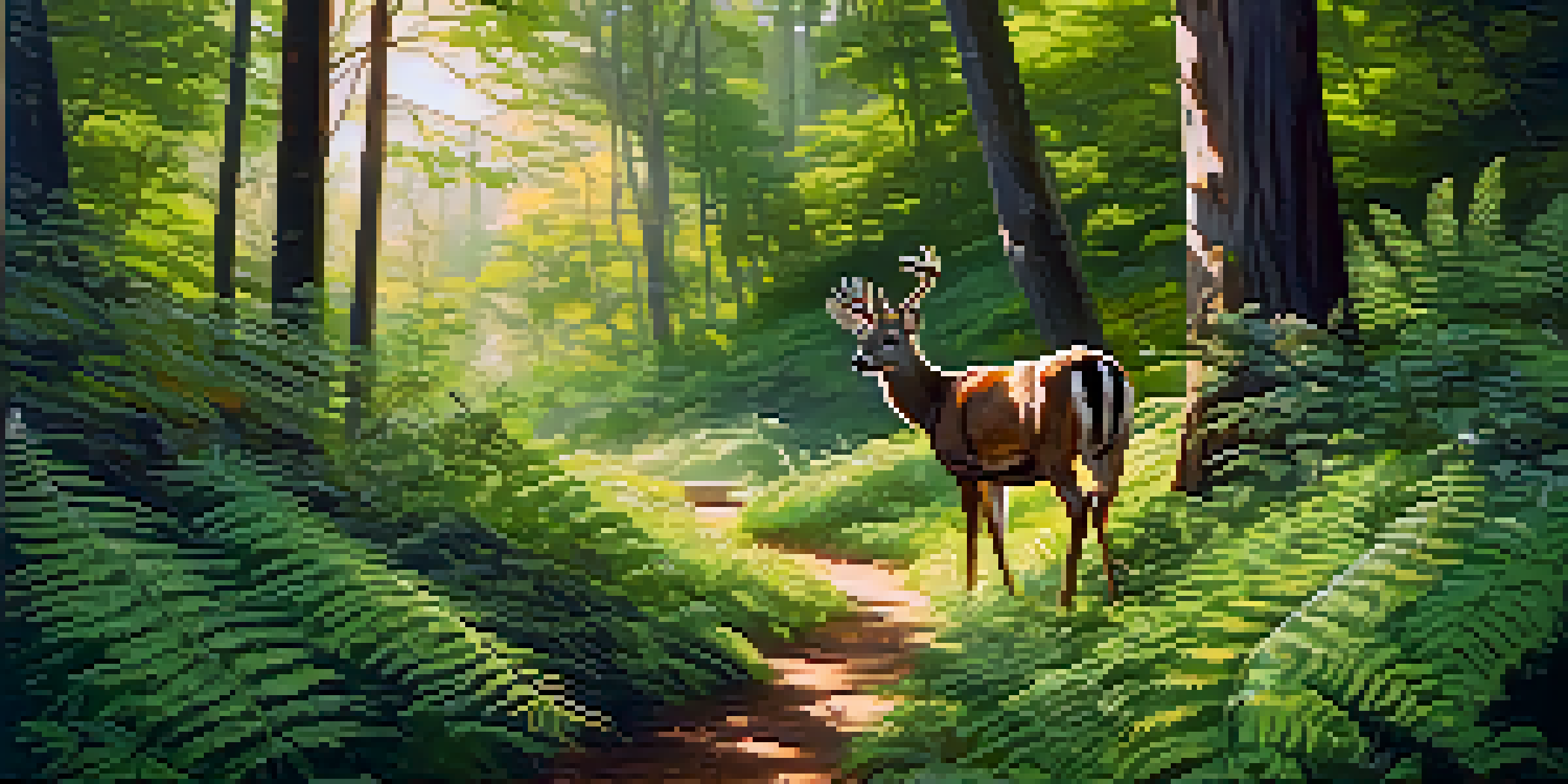 A peaceful forest trail with a deer peeking from behind a tree, sunlight filtering through the leaves.