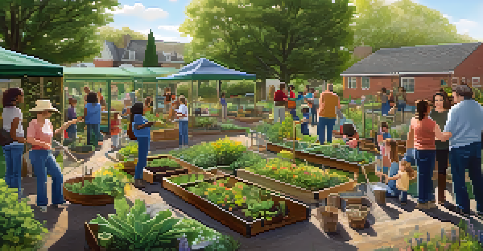 A diverse group of adults and children participating in a gardening workshop in a community garden, surrounded by tools and plants.
