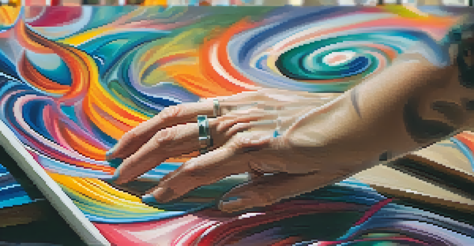 Close-up of an artist's hands painting an abstract design on a canvas with bright colors.