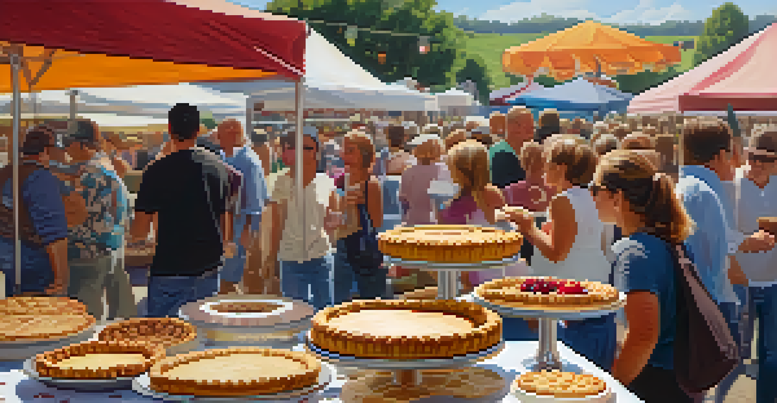 A table showcasing delicious homemade pies at a local festival with people enjoying the atmosphere in the background.