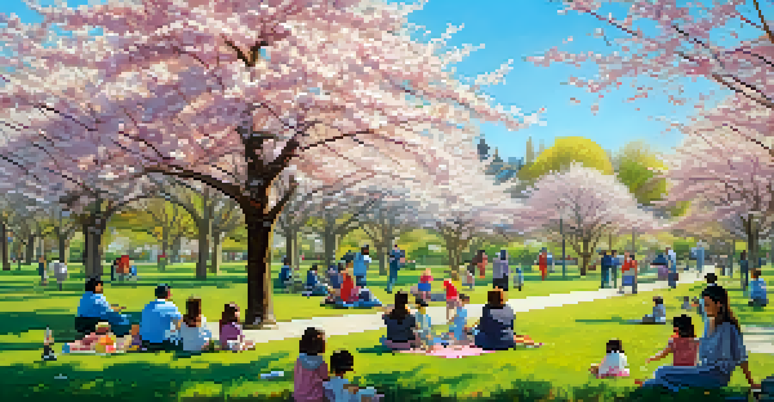 A lively park with cherry blossoms, families picnicking, and children playing.