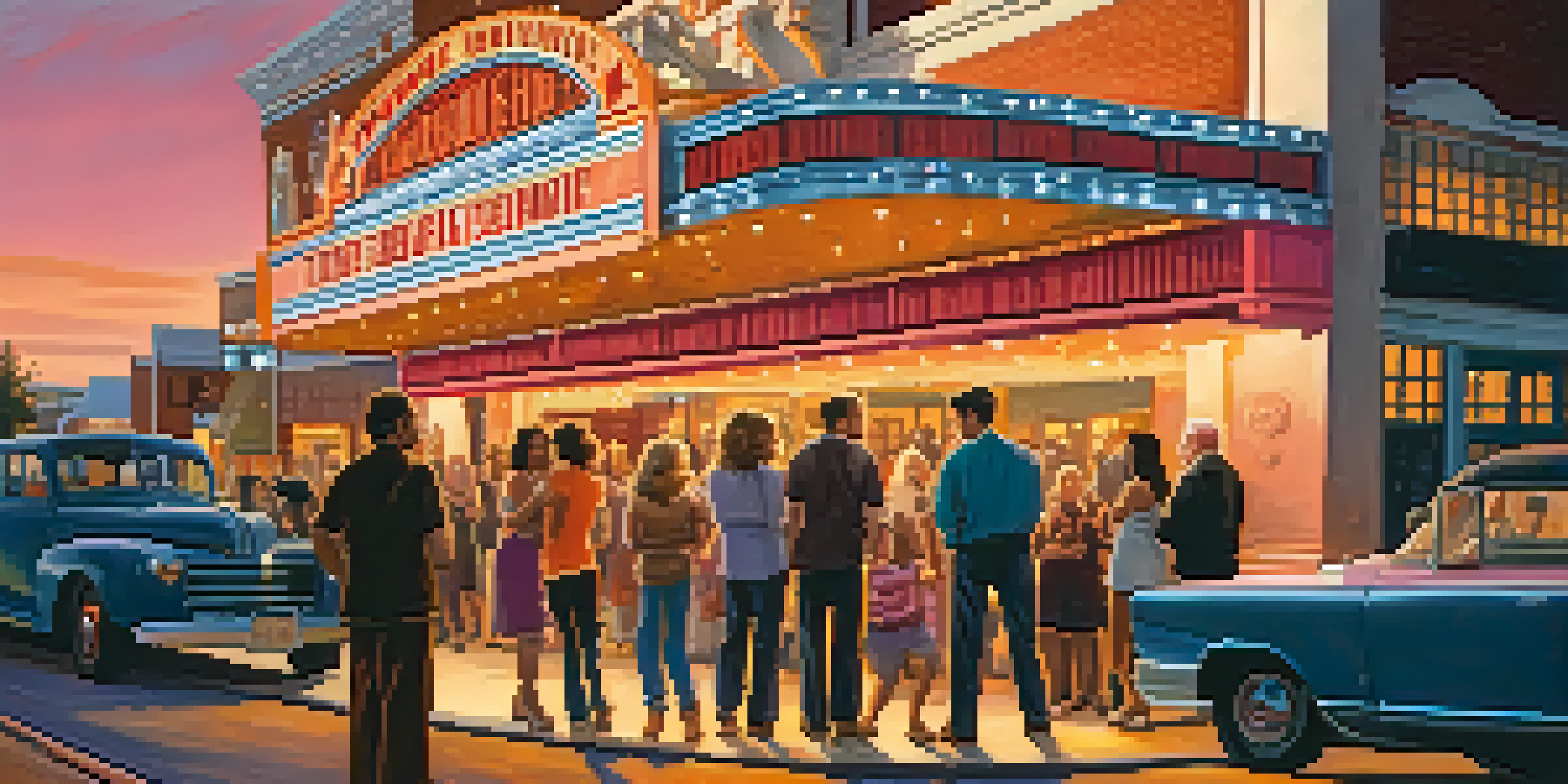 A diverse group of community members gathered outside a local theater during sunset, with a lit marquee sign and a warm, inviting atmosphere.