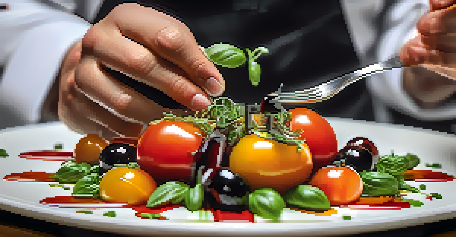 A chef's hands plating a colorful dish with seasonal ingredients alongside a glass of white wine.