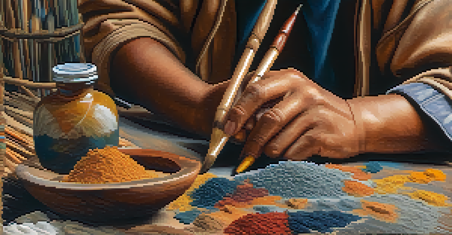 A close-up image of an artist's hands applying natural pigments to a canvas, showcasing the vibrant colors and textures of the art materials.