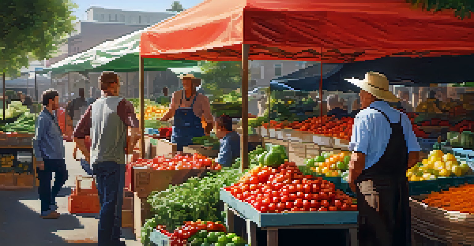 A vibrant farmer's market stall filled with fresh vegetables and herbs, with a farmer engaging with a customer.