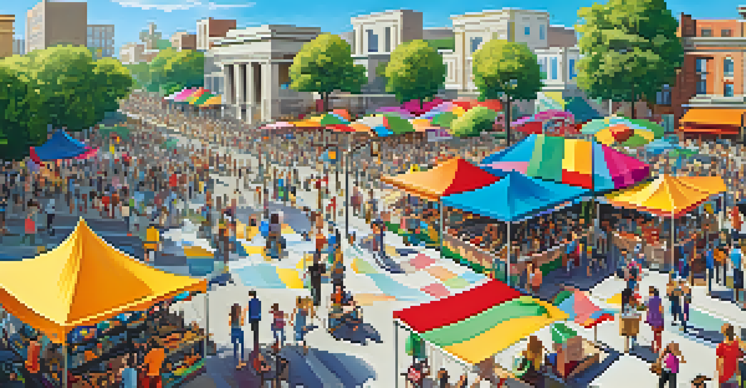 A lively community art festival in a park with art installations and people enjoying the atmosphere.
