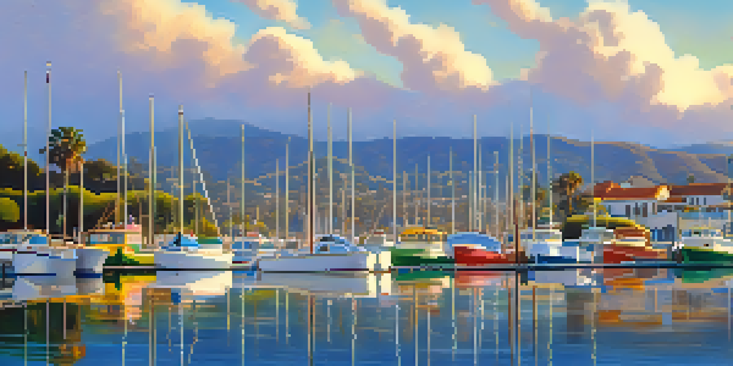 A peaceful morning at Santa Barbara Harbor with a kayaker paddling and Stearns Wharf in the background, under a clear blue sky.