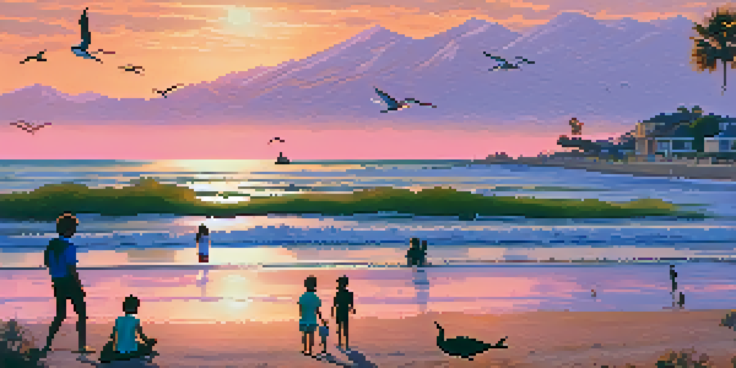 A family-friendly beach scene at sunset with children playing on the shore, shorebirds, and dolphins in the water.