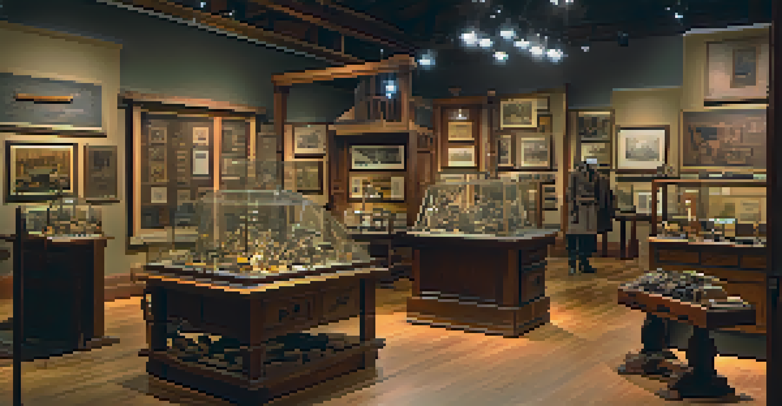 Families exploring an indoor historical exhibition with artifacts, tools, and photographs in a warmly lit room.