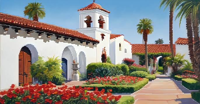 A scenic view of the Santa Barbara Mission surrounded by blooming gardens and palm trees under a clear blue sky.
