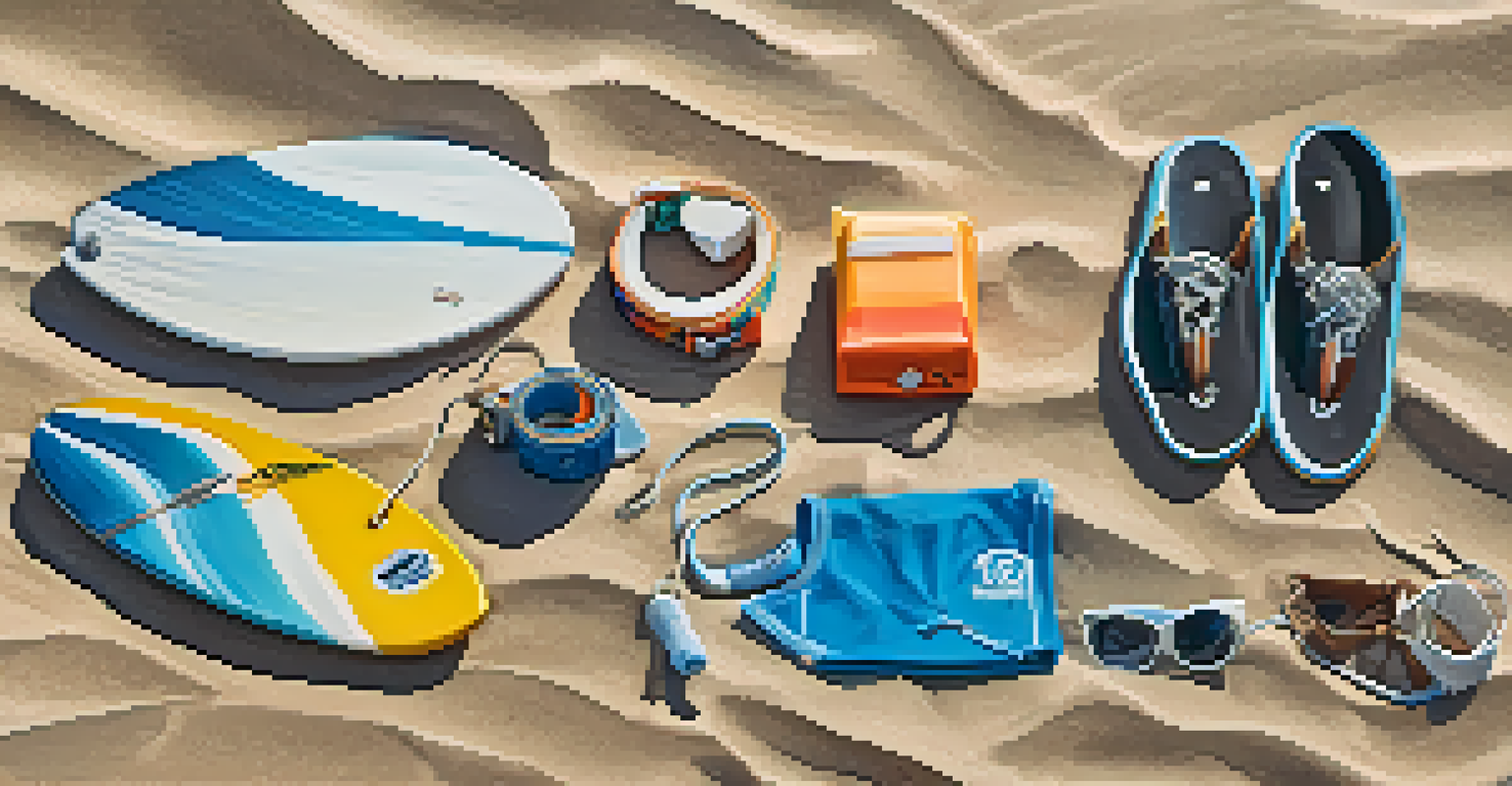 Essential surfing gear on a sandy beach, including a soft-top surfboard, surf booties, a leash, and sunscreen, arranged neatly in the sunlight.