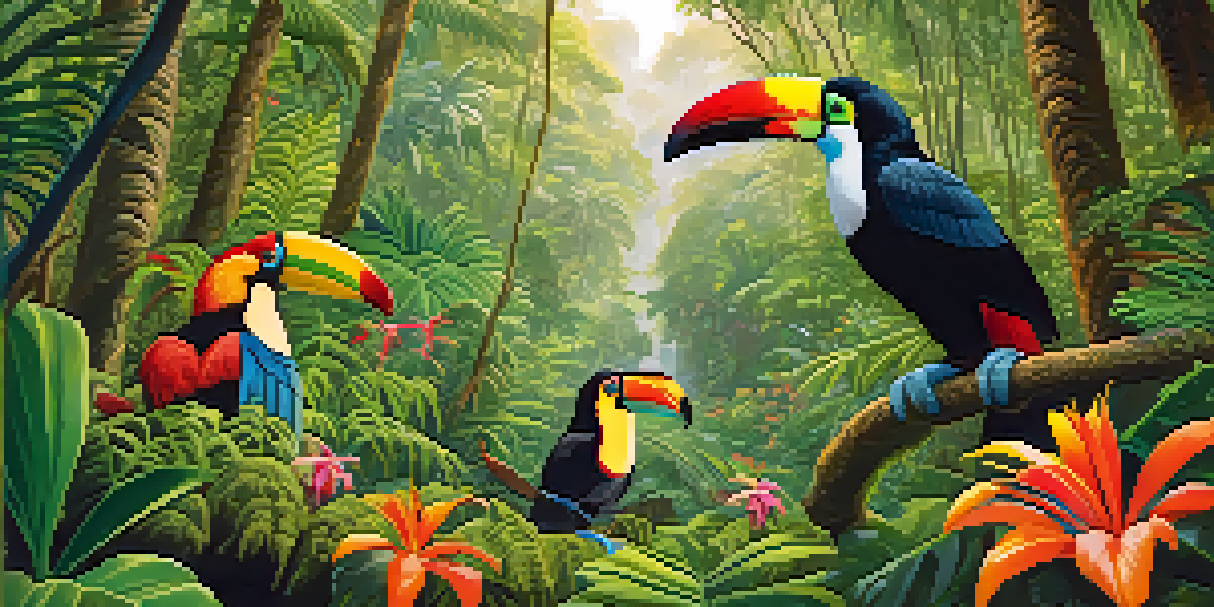 A group of diverse travelers exploring a lush rainforest with vibrant green foliage and a colorful toucan.