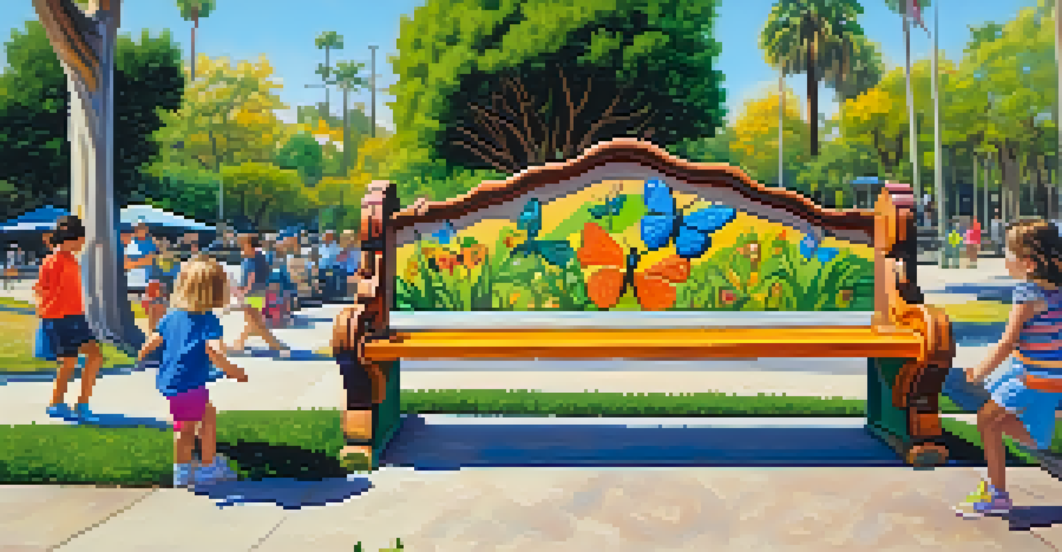 A colorful Butterfly Bench in a park in Santa Barbara, surrounded by trees and people enjoying the sunny day, reflecting a sense of community.