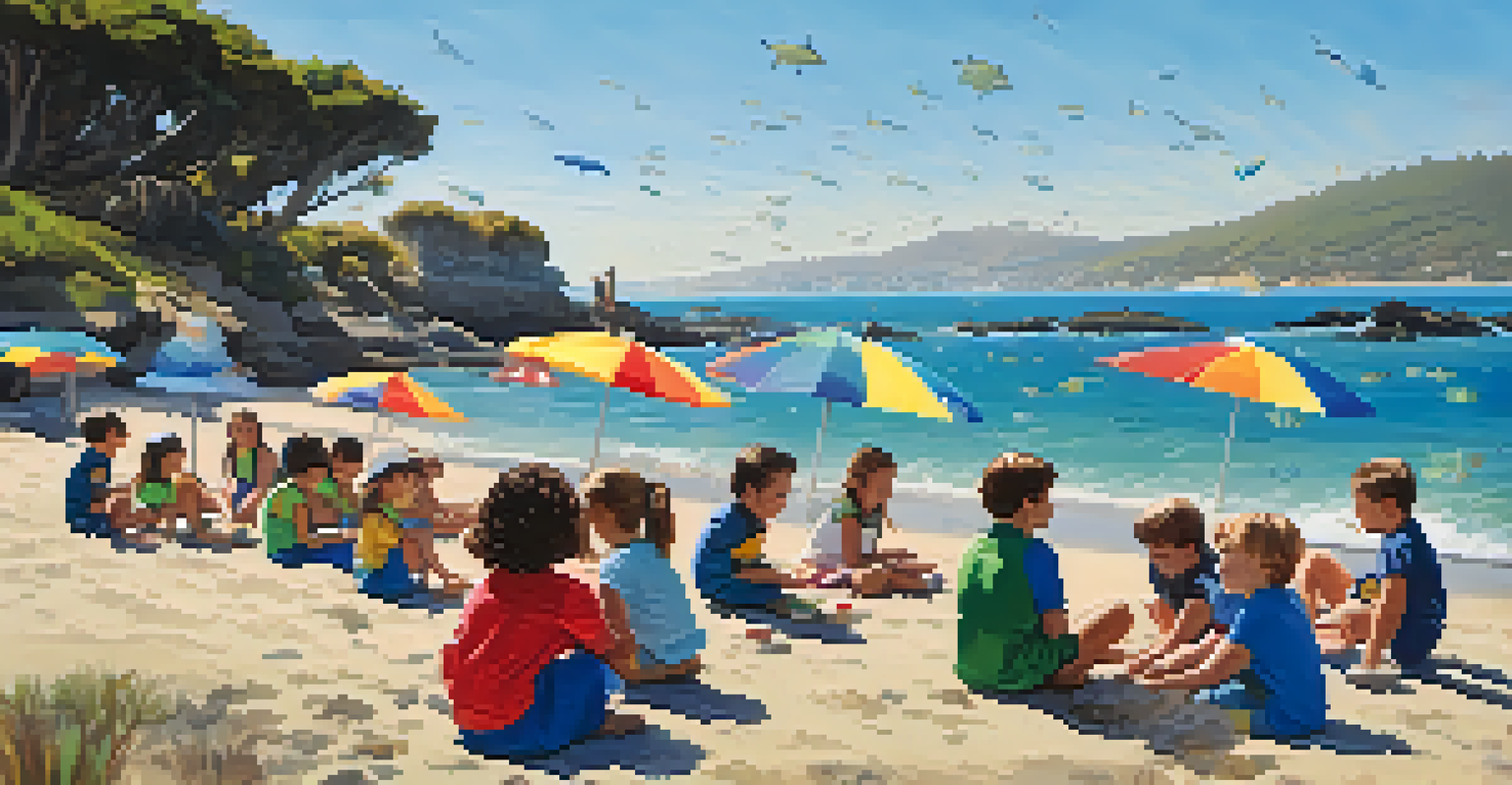 Children engaged in a coastal conservation workshop at a sunny Santa Barbara beach, learning about tide pool creatures from a marine biologist.