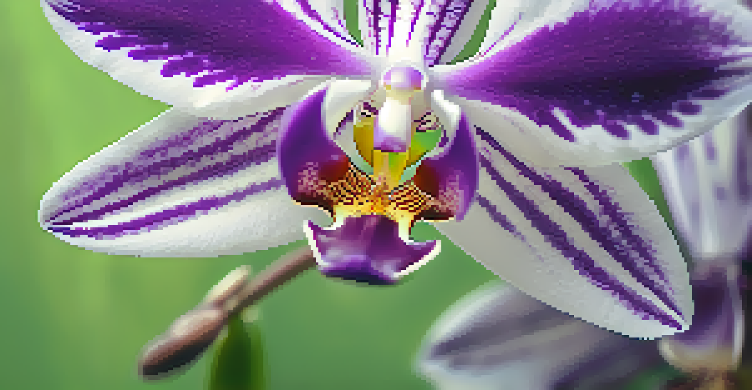 A close-up of a delicate purple orchid with white markings, set against a blurred green background.