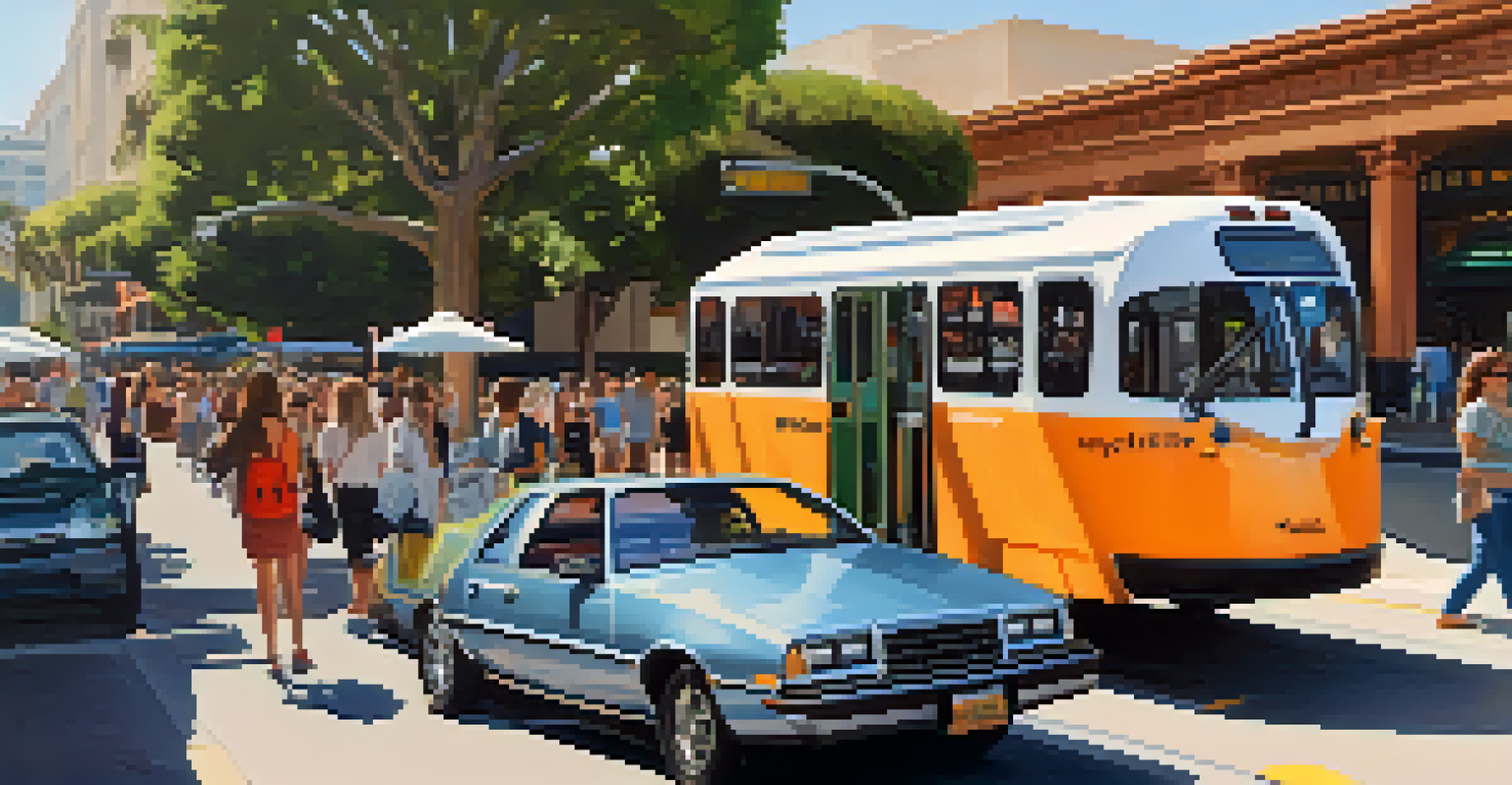 An electric shuttle at a downtown stop in Santa Barbara with people waiting to board.