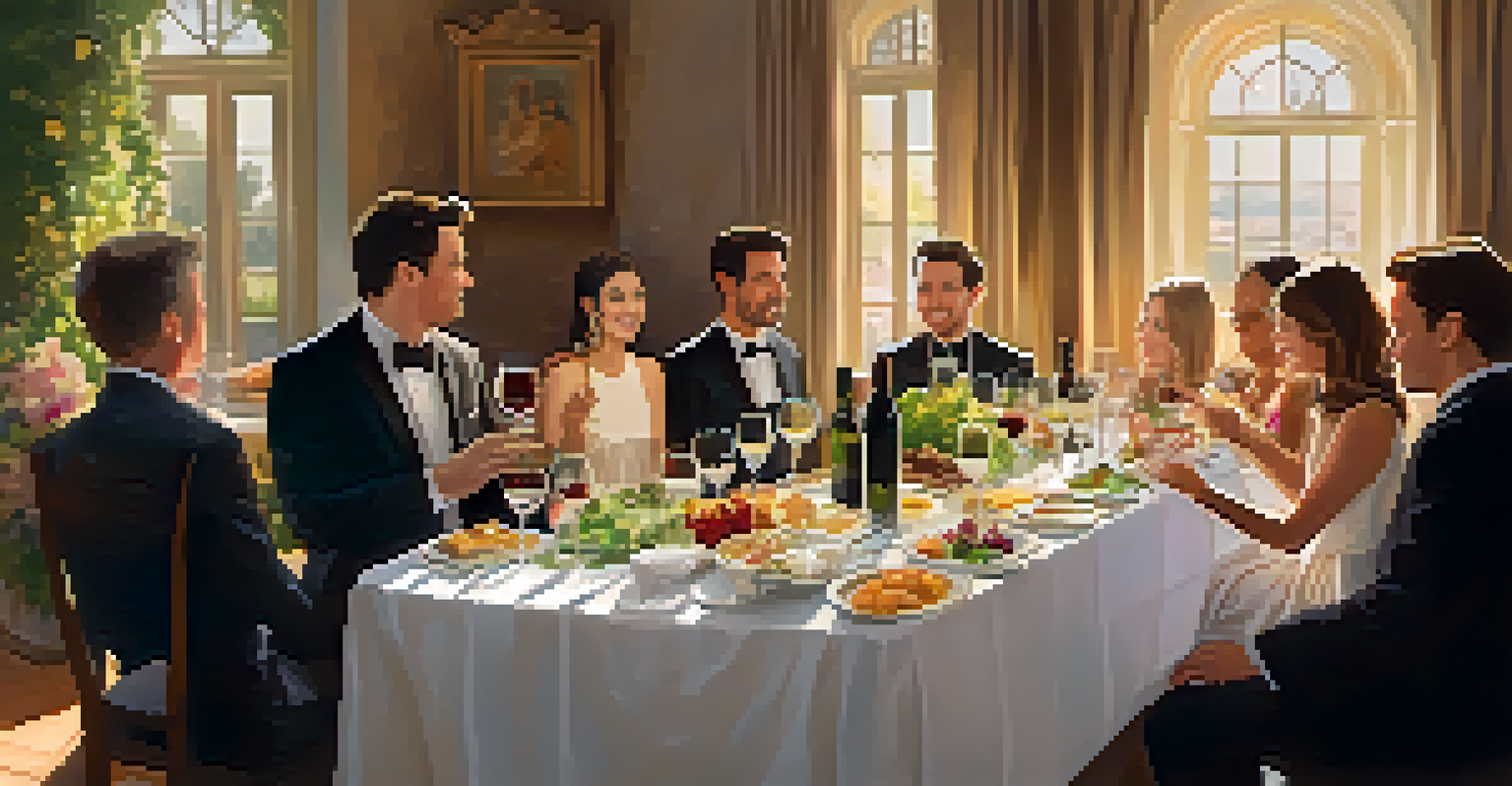 A warm and lively wine and food pairing event with guests enjoying dishes and a sommelier explaining pairings.