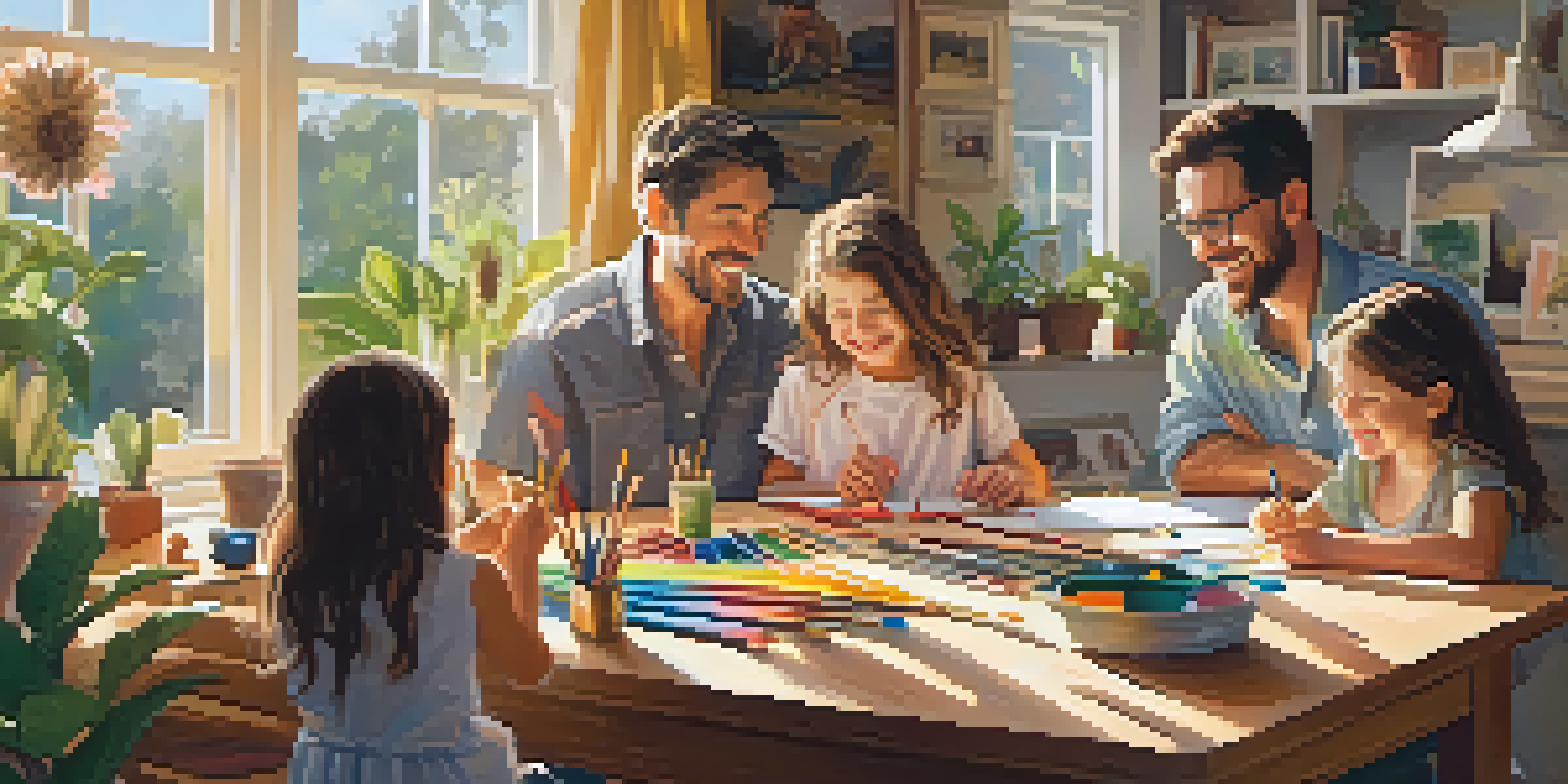 A family happily creating art together at a table filled with art supplies in a cozy living room.