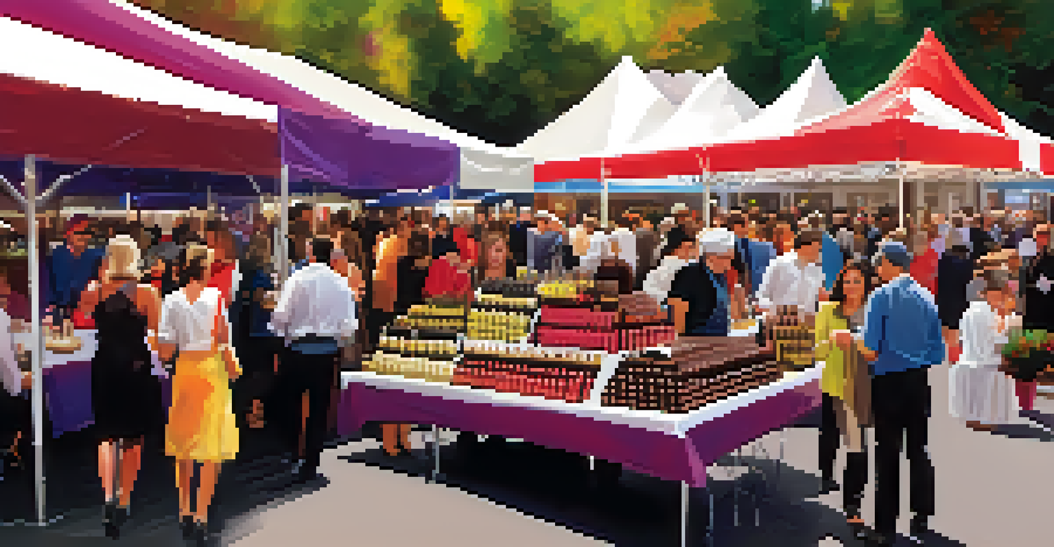 A lively wine and chocolate festival with vendors showcasing wine and chocolate pairings.