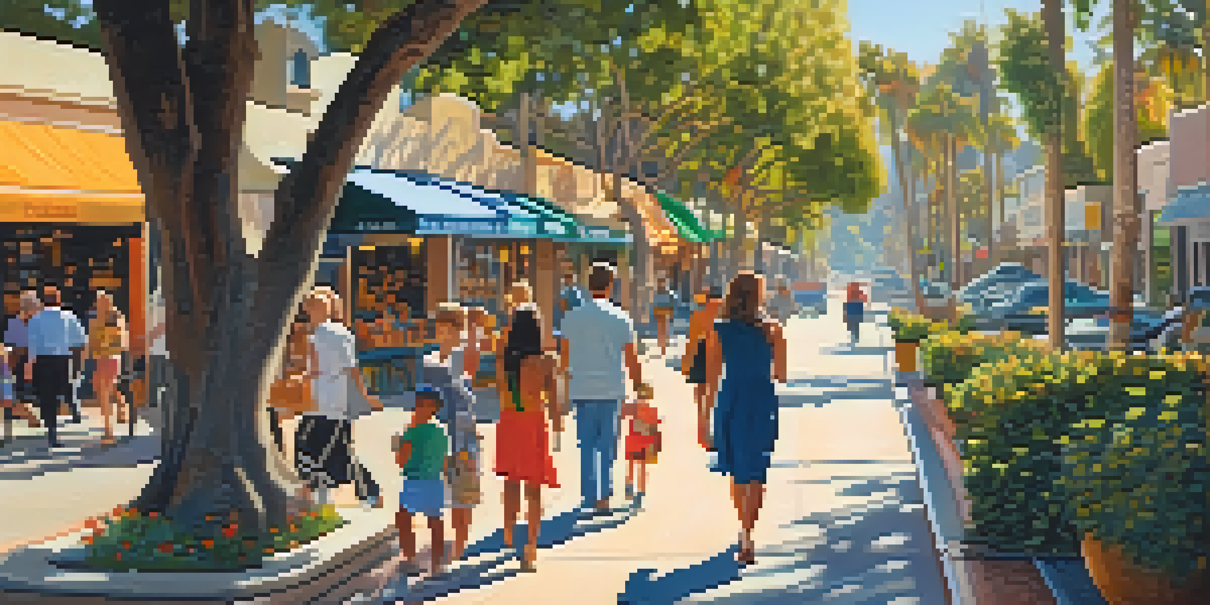 A lively street in Santa Barbara with people walking, local shops, and cafes under bright sunlight.