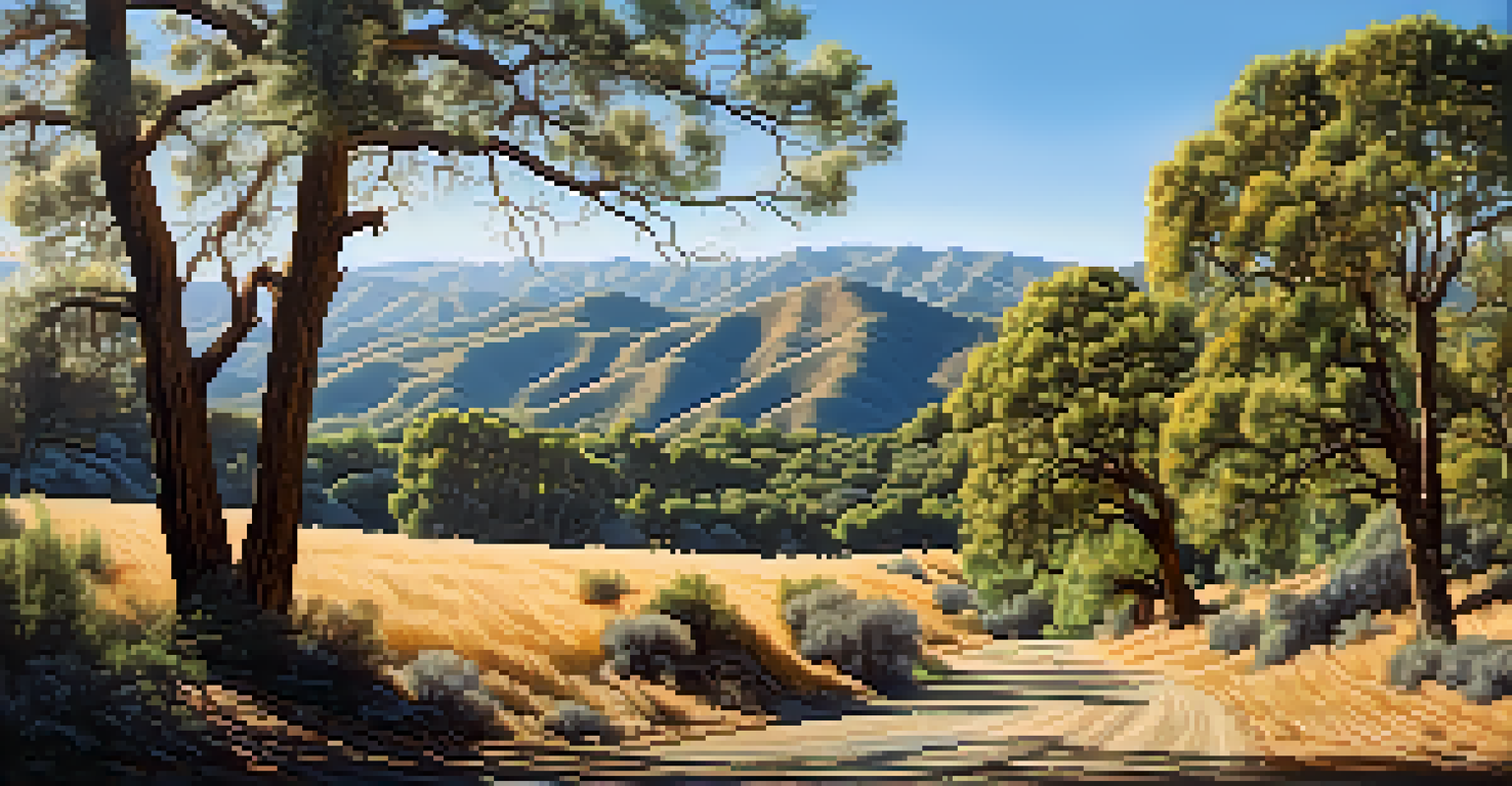 A panoramic view of a lush forest with trees and hills under a clear sky.