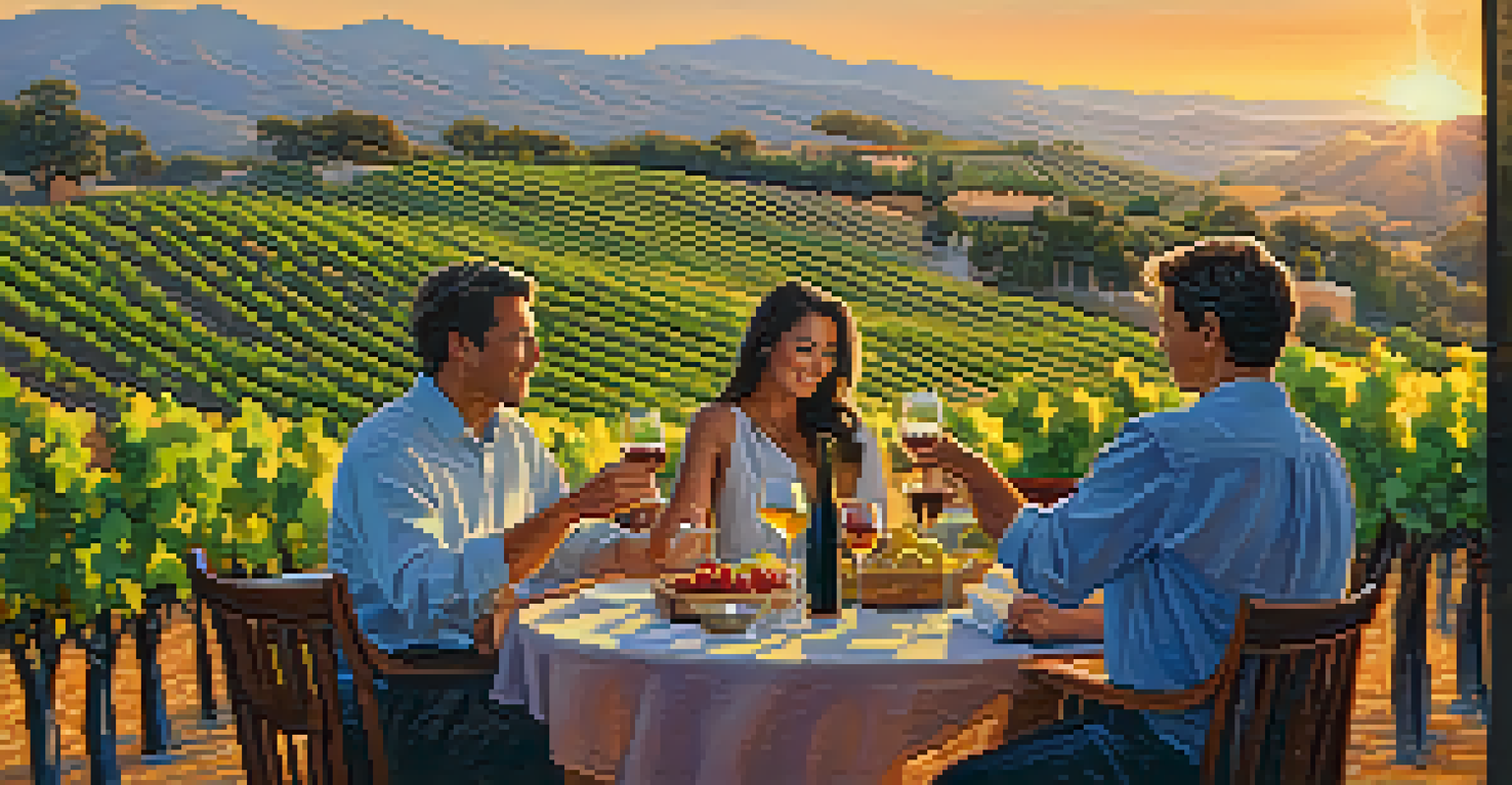 A couple enjoying wine tasting in the Santa Barbara wine region at sunset.