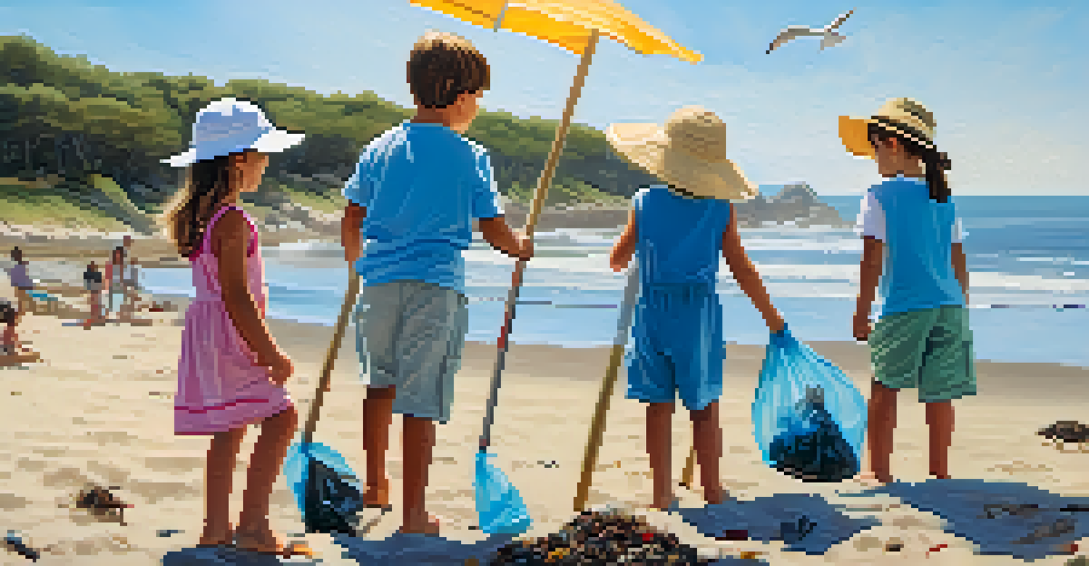 Children engaging in a beach clean-up, collecting trash with a sunny beach and waves in the background.