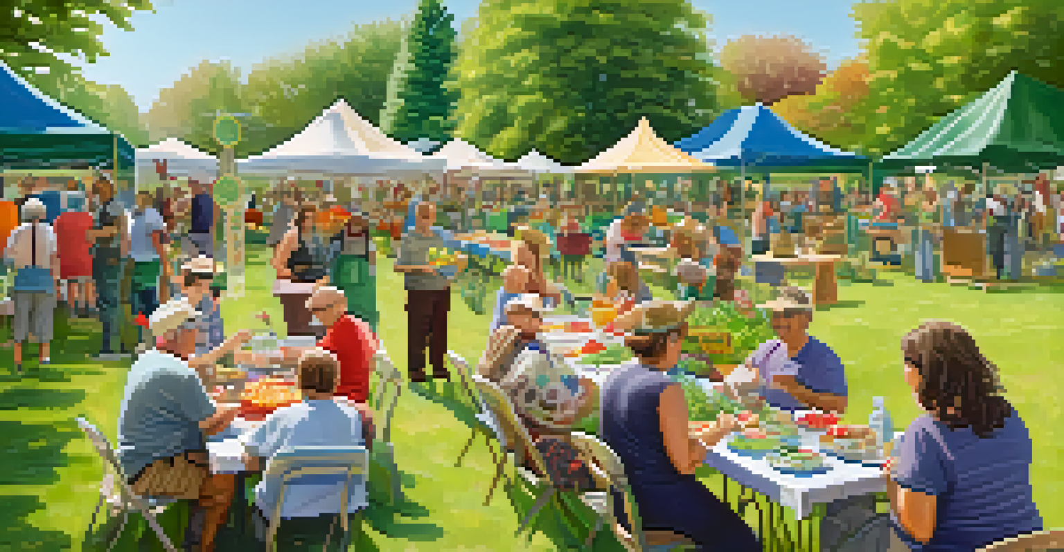 A lively potluck picnic in a community garden with diverse people enjoying food and conversation.