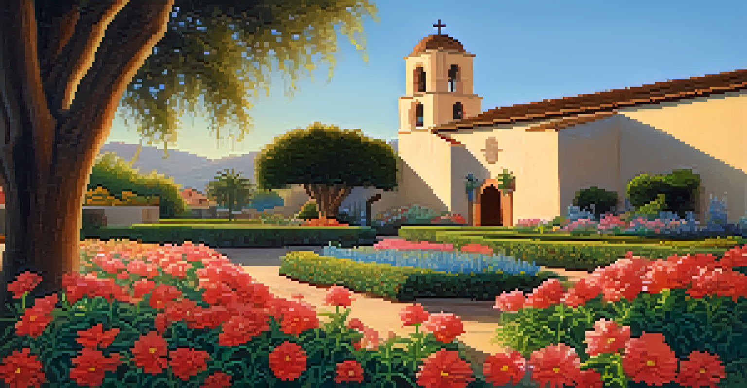 A picturesque view of Mission Santa Barbara at sunset, showcasing its beautiful architecture and blooming gardens.