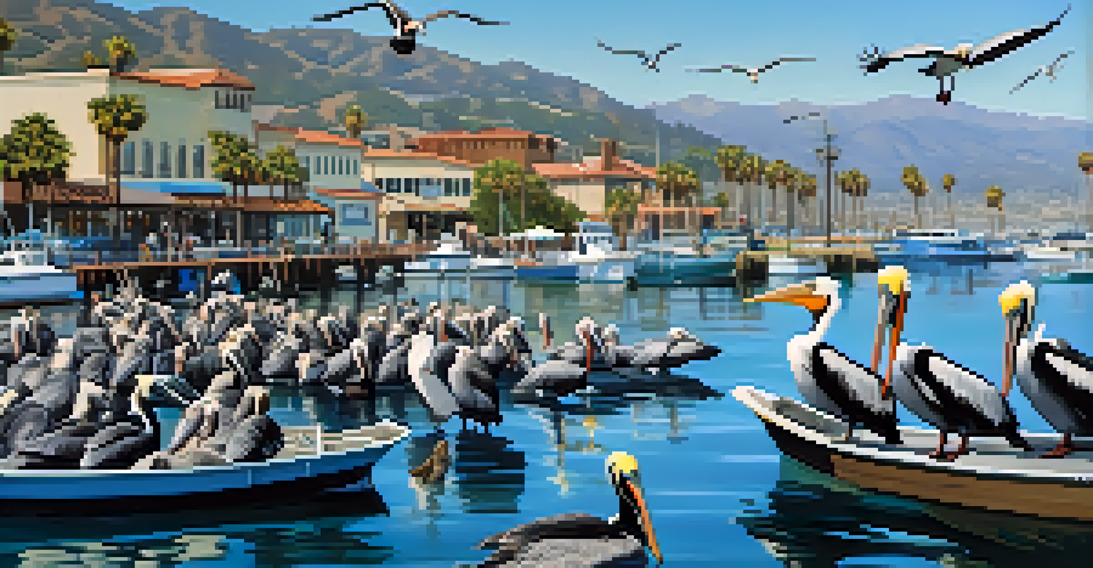 A lively harbor scene with pelicans diving and sea lions on the docks, mountains in the background.