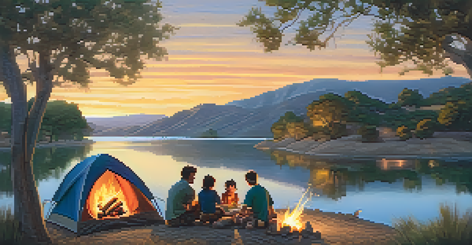 A family gathered around a campfire at Cachuma Lake with the lake and hills in the background.