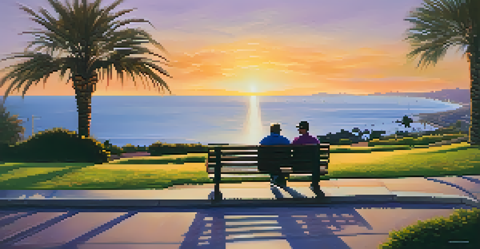 A panoramic sunset from Shoreline Park, featuring vibrant colors and a couple enjoying the view.