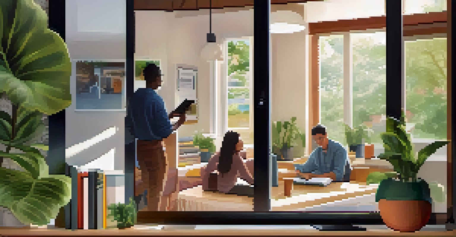 A close-up of a person using a smartphone to engage with a local civic platform, set in a cozy home environment.