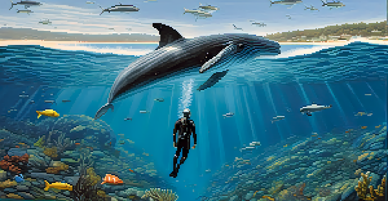 A diver exploring underwater in Santa Barbara during winter, with a gray whale visible in the distance above the diver.