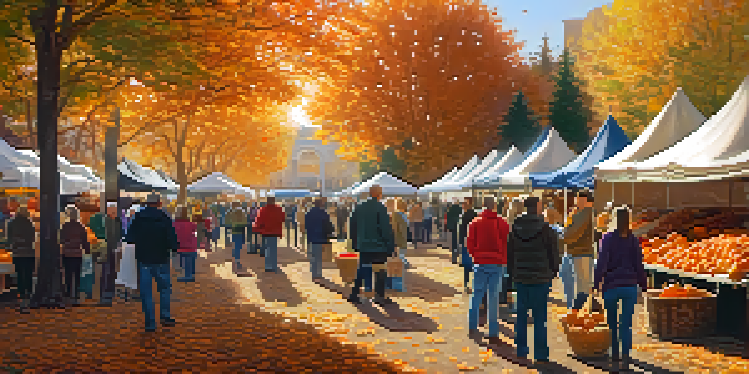 A lively farmers' market in autumn with stalls full of colorful produce and families engaging with vendors under warm sunlight.